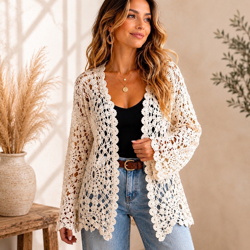 Mystree Womens Cream White Floral Crochet Open Front Cardigan Sweater Medium